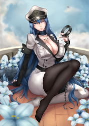 Rule 34 | 10s, 1girl, absurdres, akame ga kill!, arm support, black pantyhose, blue eyes, boots, breasts, cleavage, cloud, collar, collarbone, esdeath, flower, hat, hei1905, highres, large breasts, lips, looking at viewer, military, military uniform, one eye closed, pantyhose, peaked cap, shoes, single shoe, sitting, sky, solo, spiked collar, spikes, thigh boots, thighhighs, uniform