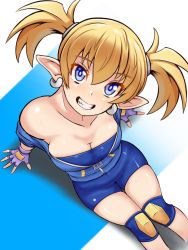 Rule 34 | 1girl, arcana heart, arm support, bike shorts, blonde hair, breasts, bursting breasts, cleavage, demon girl, fingerless gloves, gloves, grin, highres, jacket, legs, lilica felchenerow, looking at viewer, medium breasts, pointy ears, sitting, smile, solo, sweat, thighs, twintails, unzipped