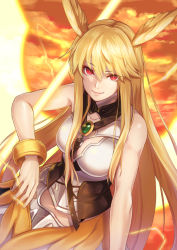 Rule 34 | 1girl, armor, blonde hair, bracelet, brooch, closed mouth, cloud, collarbone, fate/grand order, fate (series), head wings, jewelry, long hair, looking at viewer, orange background, re (re 09), red eyes, sky, smile, solo, thrud (fate), upper body, valkyrie (fate), wings