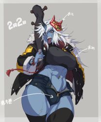 Rule 34 | 1futa, :d, abs, bad id, bad pixiv id, black thighhighs, blue skin, bracelet, breasts, bulge, club (weapon), colored skin, covered erect nipples, earrings, fur trim, futanari, holding, holding weapon, horns, jacket, jewelry, long hair, looking at viewer, mask, mask on head, mikoyan, navel, navel piercing, oni, oni horns, open mouth, original, piercing, red eyes, ring, scar, setsubun, shorts, smile, solo, teeth, thighhighs, tongue, tongue out, weapon, white hair
