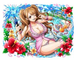 Rule 34 | 1girl, bikini, breasts, brown eyes, brown hair, charlotte pudding, cleavage, drink, flower, food, hibiscus, large breasts, leaf, official art, one eye closed, one piece, one piece treasure cruise, panties, pink panties, sitting, solo, striped bikini, striped clothes, swimsuit, twintails, underwear, water, water gun