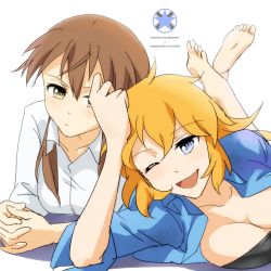 Rule 34 | 2girls, bad id, bad pixiv id, barefoot, blue eyes, breasts, brown eyes, brown hair, charlotte e. yeager, cleavage, dress shirt, feet, gertrud barkhorn, kisetsu, large breasts, long hair, multiple girls, one eye closed, open clothes, open mouth, open shirt, orange hair, shirt, simple background, strike witches, toes, twintails, white background, wink, world witches series, yuri