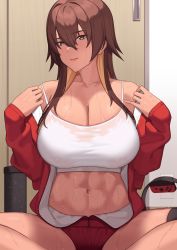 Rule 34 | 1girl, abs, blonde hair, bow, breasts, brown eyes, brown hair, cleavage, closed mouth, commentary request, franham, hair bow, highres, indoors, jacket, large breasts, long hair, long sleeves, looking at viewer, multicolored hair, muscular, muscular female, navel, no pants, off shoulder, open clothes, open jacket, original, panties, red jacket, red panties, ring fit adventure, sitting, solo, sports bra, sweat, nervous sweating, two-tone hair, underwear, white sports bra