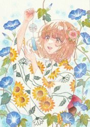 Rule 34 | 1girl, :d, blue flower, blush, brown eyes, brown hair, floral print, flower, hair flower, hair ornament, highres, japanese clothes, k.nishiyama, kimono, leaf, medium hair, morning glory, open mouth, painting (medium), simple background, smile, solo, standing, traditional media, watercolor (medium), wide sleeves, wind chime, yukata