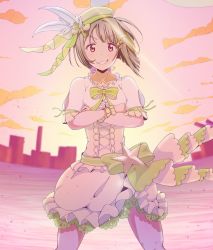 Rule 34 | 1girl, 42shirane, artist name, artist request, bare legs, blush, bow, breasts, brown hair, city, cloud, collarbone, crescent, crescent hair ornament, cross-laced clothes, cross-laced dress, crossed arms, diamond (love live!), dress, feathers, female focus, frilled dress, frills, green bow, green ribbon, grey hair, hair ornament, hat, hat feather, highres, light brown hair, looking at viewer, love live!, love live! nijigasaki high school idol club, love live! school idol festival, nakasu kasumi, outdoors, parted lips, puffy short sleeves, puffy sleeves, purple eyes, red eyes, ribbon, shirane (42shirane), shirane (pixiv35972963), short hair, short sleeves, skirt, small breasts, smile, solo, star (symbol), star hair ornament, sunlight, sunrise, white feathers, wrist cuffs, yellow bow, yellow dress, yellow hat, yellow ribbon, yellow skirt, yellow wrist cuffs
