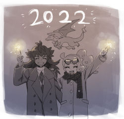 Rule 34 | 1boy, 1girl, 2022, :d, alternate costume, buttons, charizard, closed eyes, coat, commentary request, creatures (company), dark-skinned male, dark skin, dede (qwea 00000), eyelashes, eyewear on head, facial hair, fireworks, flame-tipped tail, game freak, gen 1 pokemon, gen 8 pokemon, hair ornament, hand on another&#039;s shoulder, hand up, heart, heart hair ornament, holding, korean commentary, leon (pokemon), long hair, long sleeves, nintendo, open mouth, pokemon, pokemon (creature), pokemon swsh, scarf, side ponytail, smile, sonia (pokemon), sparkler, sunglasses, sweater, upper body, yamper