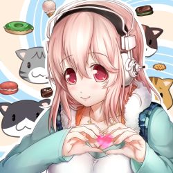 Rule 34 | 1girl, blush, breasts, doughnut, food, headphones, heart, heart hands, ky9, large breasts, long hair, looking at viewer, macaron, nitroplus, pink eyes, pink hair, smile, solo, super sonico