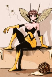 Rule 34 | 1girl, absurdres, avengers (series), bee, bee wings, black eyes, blush, breasts, brown hair, bug, cleavage, commission, gloves, hansoom (latebirdwakeup), highres, honeycomb (object), insect, insect wings, marvel, medium breasts, sitting, smile, solo, superhero costume, the avengers: earth&#039;s mightiest heroes!, wasp (marvel), wings, yellow gloves