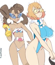 Rule 34 | 2021, 2girls, alternate breast size, applying sunscreen, artist name, bikini, blue-tinted eyewear, blue-tinted glasses, blue eyes, blue one-piece swimsuit, bouncing breasts, breasts, brown hair, cleavage, commentary, cosplay, creatures (company), dark-skinned female, dark skin, dated, english commentary, froakie, froakie (cosplay), game freak, gen 6 pokemon, groin, hair between eyes, highleg, highleg swimsuit, large breasts, lotion, multiple girls, navel, nintendo, one-piece swimsuit, orange hair, pokemon, pokemon xy, sanpaku, serena (pokemon), shauna (pokemon), short hair, simple background, sooperman, sunglasses, sunscreen, swimsuit, sylveon, sylveon (cosplay), tinted eyewear, turtleneck, white background, white bikini, yellow-tinted eyewear, yellow-tinted glasses, yellow eyes