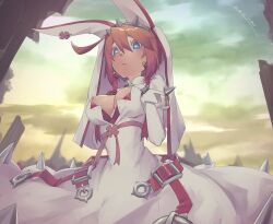 Rule 34 | 1girl, absurdres, ahoge, blue eyes, bracelet, breasts, bridal veil, clover, dress, elphelt valentine, four-leaf clover, gloves, guilty gear, guilty gear xrd, hairband, heart, heart-shaped pupils, highres, huge ahoge, jewelry, large breasts, looking at viewer, medium hair, naoyoshi amc, pink hair, spiked bracelet, spiked hairband, spikes, symbol-shaped pupils, veil, wedding dress, white dress, white gloves