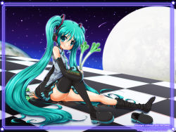 Rule 34 | 1girl, aqua eyes, aqua hair, bad id, bad pixiv id, checkered floor, detached sleeves, floor, hatsune miku, headset, long hair, necktie, sitting, skirt, smile, solo, soutou, spring onion, thighhighs, twintails, very long hair, vocaloid