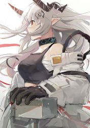 Rule 34 | 1girl, absurdres, arknights, black collar, black sports bra, bodysuit, collar, demon horns, elite ii (arknights), floating hair, from side, grey hair, hair ornament, highres, horns, infection monitor (arknights), long hair, mudrock (arknights), mudrock (elite ii) (arknights), open bodysuit, open clothes, pointy ears, profile, red eyes, red ribbon, ribbon, sarashi, simple background, solo, sports bra, suan jian zhong he, upper body, war hammer, weapon, white background, white bodysuit