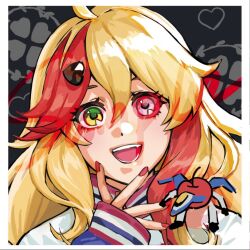 Rule 34 | 1girl, blonde hair, bright pupils, cherry, chibi, chibi inset, colored sclera, commentary, commission, english commentary, food, foodification, fruit, gerwalk, green eyes, hair between eyes, hair ornament, heart, heart hair ornament, heterochromia, jacket, long hair, macross, macross delta, macross delta: zettai live!!!!!!, nail polish, nekkikamille, portrait, purple eyes, red hair, red nails, red sclera, sample watermark, sleeves past wrists, solo focus, vf-31j, watermark, white jacket, white pupils, yami freyja