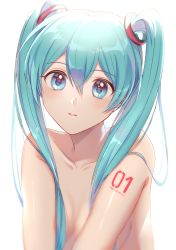 Rule 34 | 1girl, blue eyes, blue hair, breasts, character name, cleavage, collarbone, completely nude, hair between eyes, hair over breasts, hatsune miku, long hair, nanase (nns 6077), nude, parted lips, simple background, small breasts, solo, tattoo, twintails, upper body, vocaloid, white background