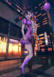 Rule 34 | 1girl, artist name, balloon, black hair, bodysuit, breasts, building, copyright request, crosswalk, dress, full body, high heels, highres, latex, latex bodysuit, looking at viewer, open mouth, outdoors, pumps, purple balloon, purple dress, purple footwear, ruby suguri, scenery, shoes, short hair, standing, traffic light