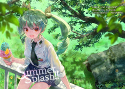 Rule 34 | 1girl, anchovy (girls und panzer), anzio (emblem), anzio school uniform, black necktie, black ribbon, black skirt, blurry, blurry foreground, branch, carro armato p40, circle name, commentary request, copyright name, dappled sunlight, dated, day, depth of field, dress, dress shirt, drill hair, emblem, english text, food, fruit, girls und panzer, green hair, hair ribbon, holding, holding food, ice cream, leaf, long hair, long sleeves, macho ojiji, military, military vehicle, miniskirt, motor vehicle, necktie, no legwear, on railing, open mouth, orange (fruit), orange slice, outdoors, pleated skirt, railing, red eyes, ribbon, school uniform, shirt, sitting, skirt, sleeveless, sleeveless dress, smile, solo, sunlight, sweat, tank, tree, twin drills, twintails, white shirt