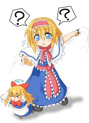 Rule 34 | &gt; &lt;, 1girl, :&lt;, ?, alice margatroid, apron, bad id, bad pixiv id, blonde hair, blue dress, blue eyes, bow, capelet, closed eyes, dress, female focus, hair bow, hairband, jewelry, kokujuuji, long hair, open mouth, outstretched arm, puppet rings, puppet strings, ring, sash, shanghai doll, short hair, spinning, tears, touhou, waist apron
