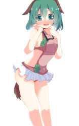 Rule 34 | 1girl, adapted costume, animal ears, aoi (annbi), bare legs, blush, breasts, clothing cutout, dog ears, dog tail, full-face blush, green eyes, green hair, hands on own face, highres, kasodani kyouko, looking at viewer, matching hair/eyes, medium breasts, microskirt, revealing clothes, short hair, side cutout, sideboob, simple background, skirt, solo, sweat, swimsuit, tail, touhou, wavy mouth, white background