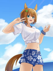 Rule 34 | 1girl, animal ears, blue eyes, blue scrunchie, blue shorts, blue sky, breasts, brown hair, cloud, cloudy sky, commentary request, cowboy shot, floral print shorts, gaze on me! outfit (umamusume), highres, horse ears, horse girl, horse tail, large breasts, medium hair, midriff, navel, open mouth, outdoors, scrunchie, see-through, see-through shirt, shirt, short sleeves, shorts, sky, smile, solo, taiki shuttle (umamusume), tail, tied shirt, umamusume, v, white shirt, wrist scrunchie, yamada (c57hikaru)