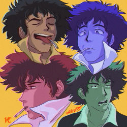 Rule 34 | cigarette, cowboy bebop, derivative work, eyebrows, closed eyes, highres, kelsz0ne, open mouth, screenshot redraw, simple background, spike spiegel, spiked hair, teeth, tongue, tongue out, variations, yellow background