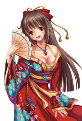 Rule 34 | 1girl, bare shoulders, blush, bow, breasts, brown eyes, brown hair, cleavage, collarbone, cowboy shot, fanning face, fanning self, female focus, floral print, folding fan, hair bow, hair ribbon, hand fan, highres, japanese clothes, jewelry, kimono, large breasts, lips, lipstick, long hair, looking at viewer, makeup, necklace, obi, open mouth, original, pendant, pink lips, ribbon, sash, simple background, smile, solo, syuka (sunnypigling), white background