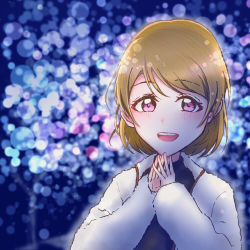 Rule 34 | 1girl, artist name, artist request, black shirt, blush, brown hair, collared jacket, female focus, hair between eyes, jacket, koizumi hanayo, looking at viewer, love live!, love live! school idol project, miwo classic, own hands together, parted lips, purple eyes, shirt, short hair, smile, solo, teeth, white jacket