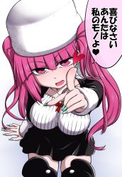 Rule 34 | 1girl, bleach, bow, breasts, dokugamine riruka, female focus, hanya (hanya yashiki), hat, heart, highres, large breasts, long hair, looking at viewer, nail polish, open mouth, pink hair, pointing, pointing at viewer, purple eyes, purple hair, sitting, smile, solo, translation request, twintails, white background
