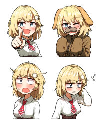 Rule 34 | 1girl, :d, blonde hair, blue eyes, blush, bob cut, brown skirt, chibi, collared shirt, commentary, ddolbang, dress shirt, english commentary, hair ornament, hairclip, high-waist skirt, highres, hololive, hololive english, multiple views, necktie, one eye closed, open mouth, pointing, pointing at viewer, red necktie, shirt, short hair, short necktie, skirt, squeans, sleepy, smile, v-shaped eyebrows, virtual youtuber, watson amelia, white shirt