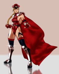 Rule 34 | 1girl, alternate costume, armor, belt, black thighhighs, blonde hair, blue eyes, braid, breasts, cammy white, cape, clenched hand, cosplay, curvy, elbow gloves, female focus, fingerless gloves, full body, gloves, greaves, hat, inu otoko, leotard, long hair, m. bison, m bison (cosplay), medium breasts, peaked cap, red gloves, red leotard, scar, shoulder pads, sideboob, solo, street fighter, street fighter iv (series), thighhighs, twin braids