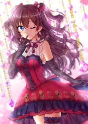Rule 34 | 1girl, ;p, bad id, bad pixiv id, black gloves, blue eyes, bow, brown hair, cowboy shot, dress, earrings, elbow gloves, finger to mouth, floating hair, garter straps, gloves, hair bow, highres, ichinose shiki, idolmaster, idolmaster cinderella girls, idolmaster cinderella girls starlight stage, index finger raised, jewelry, long hair, neck ribbon, one eye closed, red dress, ribbon, sayuringo, sleeveless, sleeveless dress, sleeveless turtleneck, solo, standing, striped bow, striped ribbon, tongue, tongue out, turtleneck, twintails, two side up, very long hair