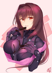 Rule 34 | 1girl, armor, bodysuit, breasts, candy, chocolate, chocolate heart, chocolate on body, chocolate on breasts, commentary request, deep skin, fate/grand order, fate (series), food, food on body, hair between eyes, hair intakes, hands on own chest, heart, large breasts, lips, long hair, looking at viewer, okitakung, parted lips, pauldrons, purple bodysuit, purple hair, red eyes, scathach (fate), shoulder armor, solo, suggestive fluid, upper body