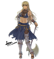 Rule 34 | 1girl, absurdres, alternate costume, armlet, armor, axe, blonde hair, cm lynarc, commission, commissioner upload, dark-skinned female, dark skin, feathers, fire emblem, fire emblem: the binding blade, highres, igrene (fire emblem), jewelry, long hair, looking at viewer, midriff, mole, mole under eye, navel, necklace, nintendo, non-web source, sandals, solo, weapon, yellow eyes