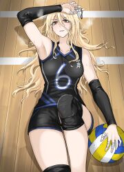 Rule 34 | 1girl, arm up, arm warmers, armpits, ball, bandaged fingers, bandages, black shirt, black shorts, blonde hair, breasts, brown eyes, commentary, feet out of frame, from above, fuku (fuku12290574), hair between eyes, highres, holding, holding ball, knee pads, knee up, long hair, looking at viewer, lying, medium breasts, on back, original, parted lips, shirt, shorts, sleeveless, sleeveless shirt, smile, solo, sportswear, steaming body, sweat, volleyball (object), volleyball uniform, wavy hair, wooden floor