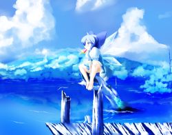 Rule 34 | 1girl, barefoot, blue eyes, blue hair, blue theme, bow, cirno, dearmybrothers, food, hair bow, horohoro, matching hair/eyes, mouth hold, popsicle, reflection, short hair, sitting, sitting on object, solo, embodiment of scarlet devil, touhou, v arms, water, watermelon bar, wings