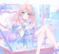 Rule 34 | :o, a20 (atsumaru), ahoge, album cover, bare legs, bare shoulders, blue eyes, blush, bow, breasts, brown hair, bug, butterfly, butterfly hair ornament, choker, collarbone, cover, dot nose, dress, english text, foot out of frame, footwear bow, hair ornament, heart-shaped gem, highres, indie utaite, insect, knees together feet apart, knees up, long hair, looking at viewer, mameko (singer), off-shoulder dress, off shoulder, open hands, open mouth, own hands together, pendant choker, puffy short sleeves, puffy sleeves, purple footwear, raised eyebrows, shoes, short sleeves, sidelocks, sitting, small breasts, swept bangs, white choker, white dress