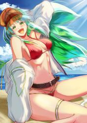 Rule 34 | 1girl, arm over shoulder, arm up, armpit crease, armpit peek, armpits, bare shoulders, beach, belt, bikini, blue hair, blue sky, blush, breasts, brown belt, cloud, cloudy sky, coconut tree, collarbone, day, fate/grand order, fate (series), green eyes, green hair, groin, hip bones, inugami86, jacket, jacket over swimsuit, jacket partially removed, kukulkan (fate), kukulkan (second ascension) (fate), long hair, looking at viewer, loose belt, medium breasts, multicolored hair, navel, ocean, off shoulder, open clothes, open jacket, open mouth, outstretched arm, palm tree, red bikini, sand, shade, sideboob, sidelocks, sitting, sky, smile, solo, stomach, string bikini, sunlight, swimsuit, teeth, thigh strap, thighs, tongue, tree, upper teeth only, visor cap, wariza