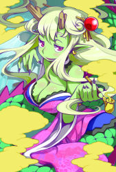 Rule 34 | 1girl, breasts, cleavage, colored skin, dragon, dragon girl, dragon horns, dragon tail, earrings, green hair, green skin, hair ornament, highres, horns, japanese clothes, jewelry, kimono, kiseru, large breasts, long hair, monster girl, nonco, original, smoking pipe, pointy ears, purple eyes, red eyes, smile, smoke, solo, tail, yuujo