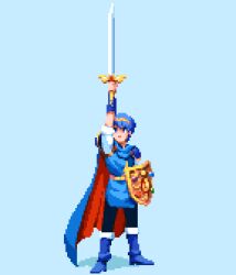 Rule 34 | 1boy, blue footwear, blue hair, blue tunic, cape, fire emblem, fire emblem: mystery of the emblem, full body, gauntlets, gold belt, highres, holding, holding sword, holding weapon, looking up, nintendo, pants, pixel art, pixelflag, pointing weapon, shield, short hair, sword, tiara, weapon, white sleeves
