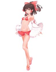 Rule 34 | 1girl, adapted costume, bare legs, bare shoulders, bikini, bow, breasts, brown eyes, brown hair, commentary request, detached sleeves, flip-flops, frilled bow, frilled hair tubes, frills, full body, hair bow, hair tubes, hakurei reimu, high ponytail, highres, long hair, long sleeves, looking at viewer, miniskirt, navel, parted lips, pleated skirt, red bow, sandals, satou shio (satoshiokosho), simple background, skirt, small breasts, solo, standing, swimsuit, touhou, white background, wide sleeves