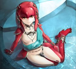 Rule 34 | 1girl, anklet, arm support, bracelet, bracer, breasts, brown eyes, cape, caustics, choker, closed mouth, colored skin, eyeliner, fins, fish girl, full body, groin, hair ornament, highres, jewelry, light smile, looking at viewer, makeup, medium breasts, mipha, monster girl, multicolored skin, necklace, nintendo, no nipples, nude, ornament, partially submerged, pendant, rati (absoluteblue), red hair, red skin, sash, signature, sitting, smile, solo, tentacle hair, the legend of zelda, the legend of zelda: breath of the wild, thigh gap, two-tone skin, water, yokozuwari, zora