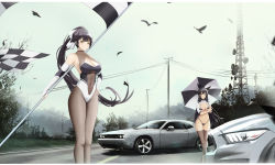 Rule 34 | 2girls, absurdres, animal ears, atago (azur lane), atago (stunning speedster) (azur lane), azur lane, backless leotard, bikini, bird, black bikini, black hair, breasts, car, checkered flag, cleavage, commentary, crop top, cropped jacket, dodge (company), dodge challenger, dodge challenger (3rd generation), dog ears, dog girl, falling feathers, feathers, flag, ford, ford mustang, ford mustang s550, highres, incredibly absurdres, kcar66t, large breasts, leotard, long hair, motor vehicle, multiple girls, muscle car, official alternate costume, pantyhose, ponytail, power lines, product placement, race queen, revision, road, swimsuit, takao (azur lane), takao (full throttle charmer) (azur lane), thighhighs, tower, umbrella, utility pole