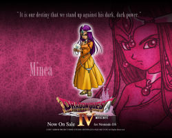 Rule 34 | 00s, 1girl, 2007, character name, chunsoft, copyright name, crystal ball, dragon quest, dragon quest iv, dress, earrings, english text, enix, hat, jewelry, logo, minea (dq4), official art, official wallpaper, purple background, purple hair, sandals, solo, toriyama akira, wallpaper, yellow dress