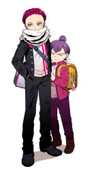 Rule 34 | 2boys, aged down, alternate costume, arm at side, backpack, bag, black footwear, black jacket, black pants, brothers, brown footwear, buttons, casual, charlotte cracker, charlotte katakuri, closed mouth, clothes writing, contemporary, covered mouth, full body, hair bun, hand in pocket, hand on another&#039;s arm, hand up, height difference, highres, holding another&#039;s wrist, jacket, charm (object), kinakotatu, looking at viewer, looking to the side, male focus, multiple boys, no eyebrows, one piece, open clothes, open jacket, pants, pink eyes, pink jacket, purple hair, purple pants, red eyes, red hair, scar, scarf, shirt, shoes, short hair, shoulder bag, siblings, simple background, single hair bun, standing, stitches, sweater, white background