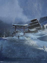 Rule 34 | 1other, architecture, artist name, blizzard, castle, cloud, cloudy sky, commentary, east asian architecture, highres, holding, holding sword, holding weapon, mountain, original, outdoors, phil c, scenery, sky, snow, snowing, stairs, standing, sword, torii, tree, watermark, weapon, web address