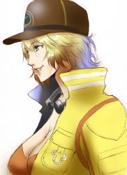 Rule 34 | 10s, 1girl, absurdres, baseball cap, blonde hair, breasts, cidney aurum, cleavage, dirty, dirty face, female focus, final fantasy, final fantasy xv, from side, goggles, goggles around neck, green eyes, hat, high collar, highres, jacket, large breasts, lips, lipstick, makeup, nose, short hair, smile, solo, ta-chun