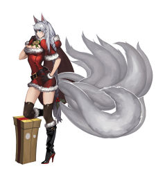 Rule 34 | 1girl, ahri (league of legends), alternate color, alternate costume, animal ears, blue eyes, boots, box, braid, breasts, capelet, cleavage, cleavage cutout, clothing cutout, fox ears, fox tail, gift, gift box, gloves, hand on own hip, high heel boots, high heels, highres, large breasts, league of legends, leg up, long hair, multiple tails, on box, sack, santa costume, silver hair, single braid, slit pupils, solo, stiletto heels, tail, thighhighs, tyutii