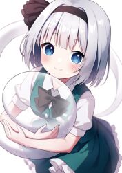 Rule 34 | 1girl, black bow, black bowtie, black hairband, blue eyes, bow, bowtie, closed mouth, collared shirt, commentary request, frilled skirt, frills, ghost, green skirt, green vest, grey hair, hairband, highres, holding, konpaku youmu, konpaku youmu (ghost), looking at viewer, shirt, short hair, short sleeves, simple background, skirt, smile, solo, suzuno naru, touhou, vest, white background, white shirt
