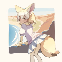 Rule 34 | 1girl, absurdres, animal ear fluff, animal ears, blonde hair, closed mouth, commentary, fennec (kemono friends), fox ears, fox girl, fur gloves, gloves, highres, kemono friends, leaning forward, looking at viewer, looking back, medium hair, miniskirt, orange eyes, pantyhose, pink shirt, pleated skirt, shirt, short sleeves, skirt, smile, solo, standing, teikiatsu, white skirt, yellow gloves, yellow pantyhose