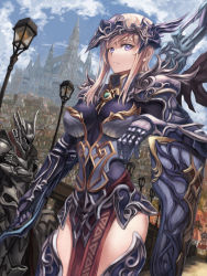 Rule 34 | 1boy, 1girl, agetake, armor, armored dress, blonde hair, breasts, castle, crossed arms, fantasy, full armor, gauntlets, helmet, highres, holding, holding weapon, knight, lamppost, large breasts, long hair, looking at viewer, original, polearm, purple eyes, shield, thighhighs, weapon