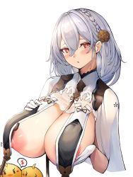Rule 34 | 1girl, areola slip, artist request, azur lane, between breasts, bird, blush, braid, breast curtains, breast hold, breasts, clothes lift, flower, gloves, hair flower, hair ornament, highres, huge breasts, large areolae, looking at viewer, nipple erection, nipples, open mouth, puffy areolae, red eyes, rubbing, short hair, side braid, sideboob, sirius (azur lane), sirius (azure horizons) (azur lane), stick, upper body, white gloves, white hair, yusha m